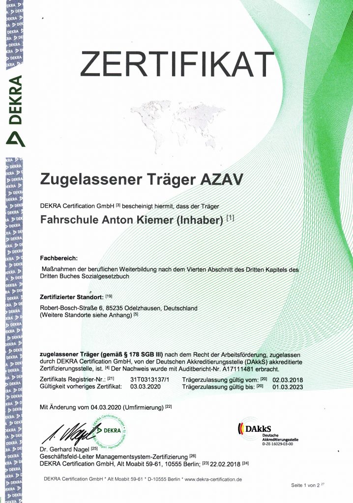 AZAV-Zertifiziert der Fahrschule Kiemer in Odelzhausen