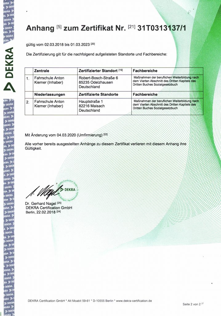 AZAV-Zertifizierung Fahrschule Kiemer